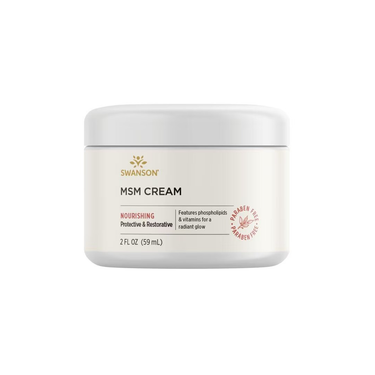 Swanson MSM Cream 59 ml comes in a white jar and is nourishing, protective, restorative, and paraben free—perfect for soothing skin and supporting joint mobility.